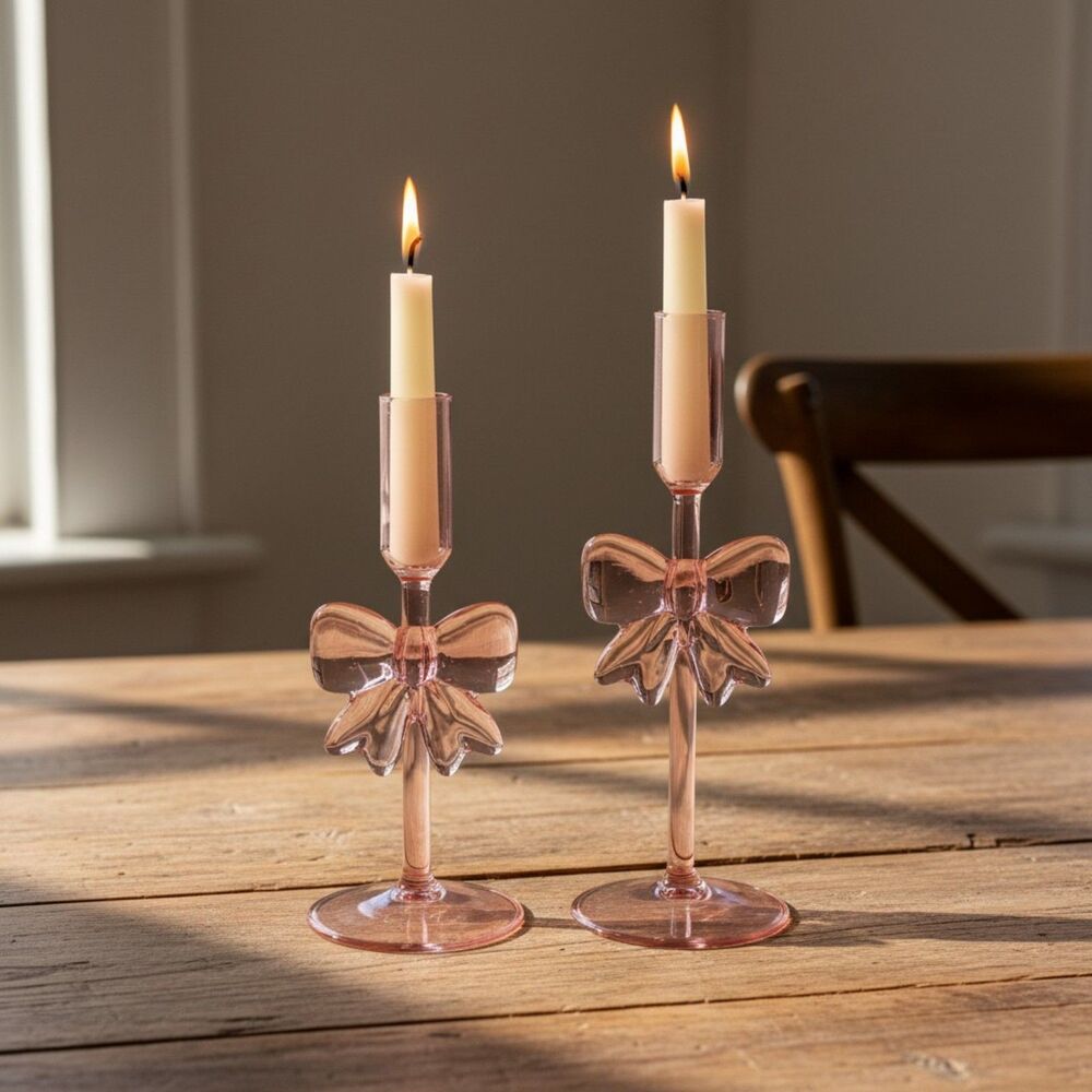Pink Glass Bow Taper Candle Holders Set of 2 Coquette Aesthetic Candlesticks